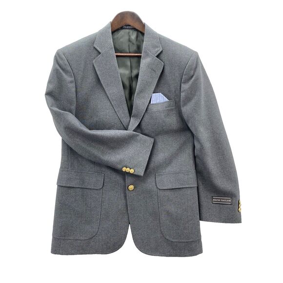 David Taylor Blazer Men's 38R Gray 2 Button Front Gold Button Preppy Sport Coat - Picture 2 of 11